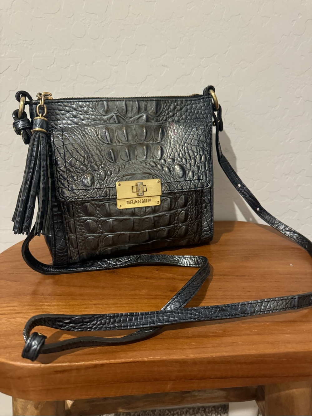 Brahmin Black Croc-Embossed Leather Crossbody with Tassel and Gold Hardware